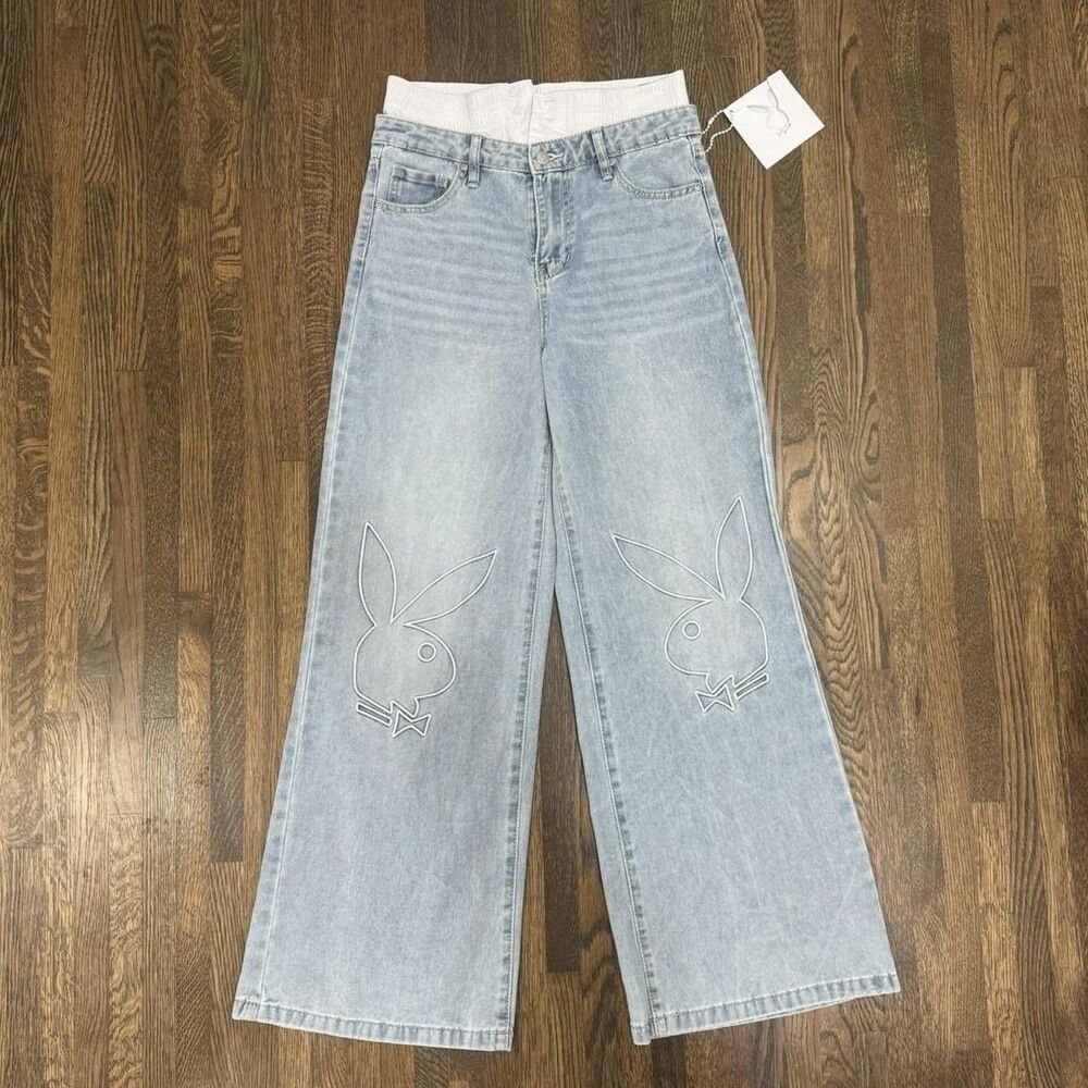 PLAYBOY Light Wash Wide Leg Baggy High Waist Jeans with Bunny Logo